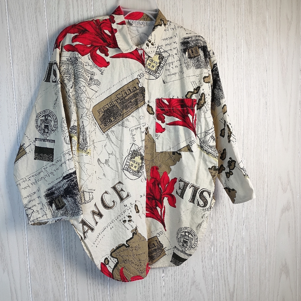 VTG 80s 90s Mirror Travel France Print made in USA Large 3 quarter button down - Picture 2 of 16
